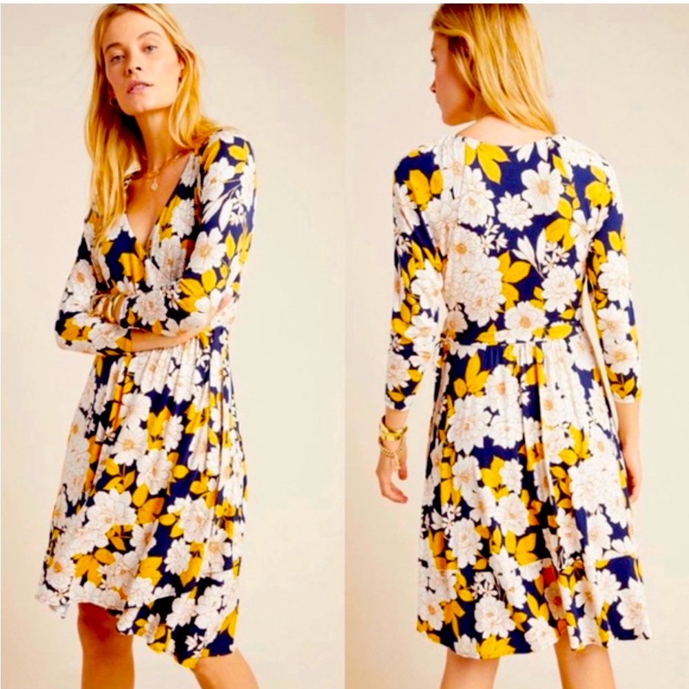 Anthropologie Floral Midi Dress - Blue, Yellow, White